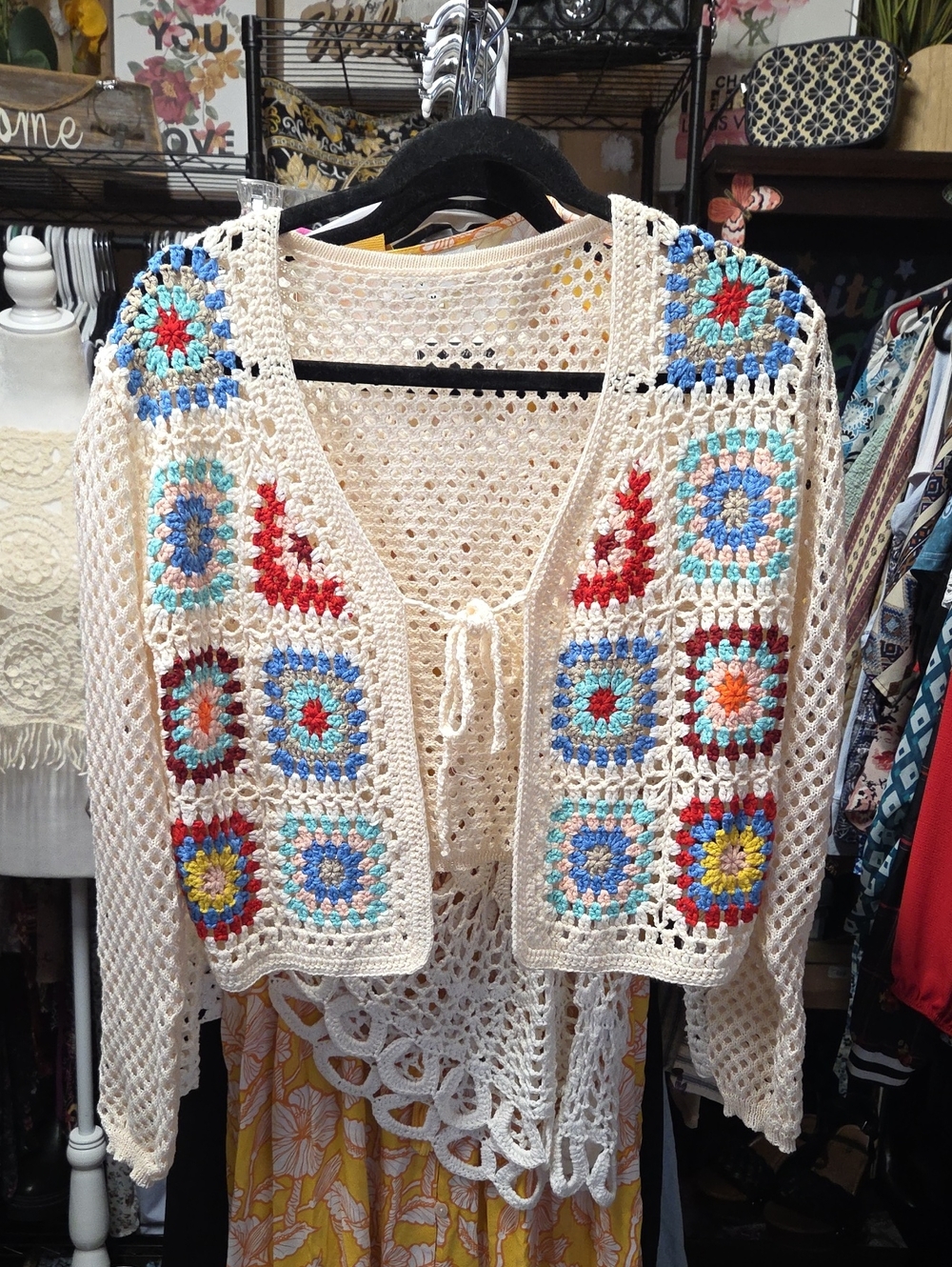 Crocheted Ivory Granny Square Cardigan with Multicolor Accents